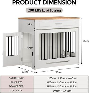DAWNYIELD Клітка для собак, меблі для тварин, дерев'яний вольєр з відкриваючимся верхом, шухляда, меблевий стиль, внутрішній вольєр для собак, стіл з поворотним мисником на 360°, білий колір, ковзаюча дверцята білого кольору