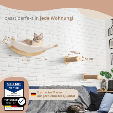 AZANO® Котяча стінка для лазіння XL з драбинкою, підвісна лежанка та ліжко для котів з натурального дерева, 3-в-1, міцна конструкція