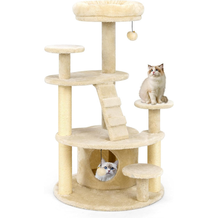 Дерев'яний кігтечка для котів Costway з будиночком, сходами, платформами та іграшкою (світло-бежевий)