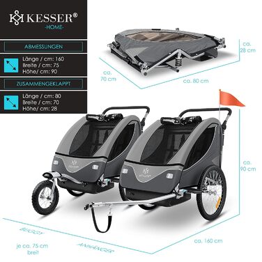 Дитячий велопричіп KESSER® 2в1 з поворотним механізмом 360° та амортизацією. Підходить для 1-2 дітей (до 40 кг). З п'ятиточковим ременем безпеки та сигнальним прапором. Колір: світло-сірий.