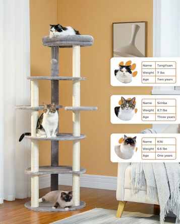 Котячий комплекс PETEPELA 154,9 см для дому, 6 рівнів, 9 сизалевих стовпів для дряпання, знімний м'яч, верхня лежанка, бежевий
