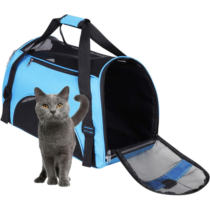 Транспортна сумка для собак і котів, складна, з регульованим плечовим ременем, дихаюча сітка, 50 x 26 x 33 см, блакитна