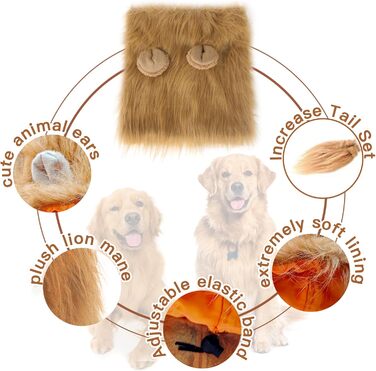 Костюм лева для собак середніх та великих порід, реалістична грива, костюм для Хелловіну, фотосесій, розваг, світло-коричневий, розмір L + хвіст, світло-коричневий L