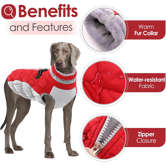 Зимовий теплий одяг для собак AOFITEE: куртка з флісу, світловідбиваючий дизайн, з нашийником та блискавкою. Водонепроникний костюм для собак маленьких, середніх та великих порід. Колір: червоний, святковий.