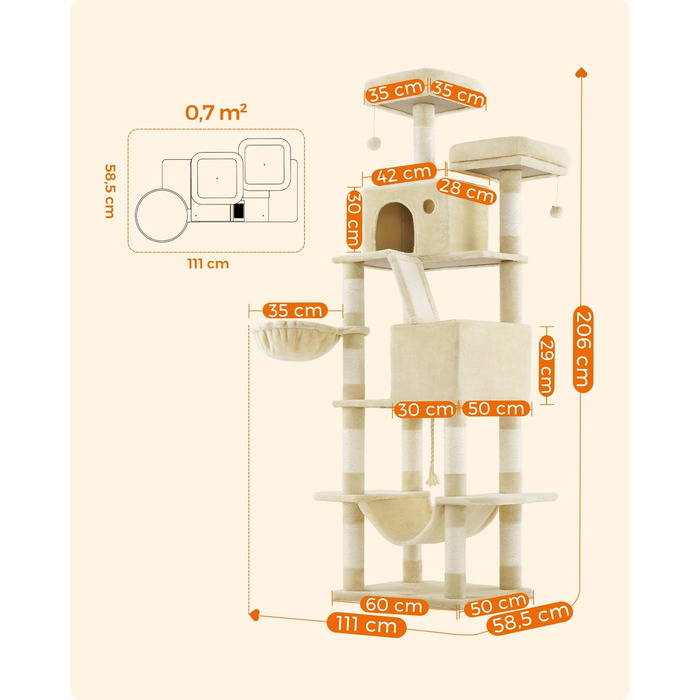 Високий когтеточка-комплекс Feandrea бежевий, 206 см, для великих кішок XXL з гамаком та лежаком