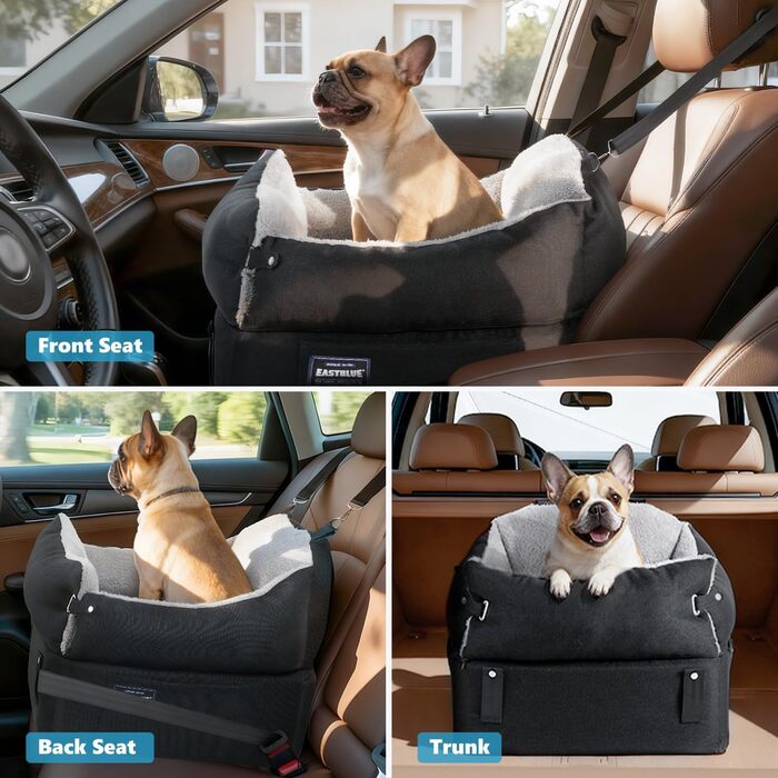Автокрісло для собак EASTBLUE Medium, чорний/сірий, для собак до 15.9 кг, з пам'яті піною, безпечним ременем та 2 подушками