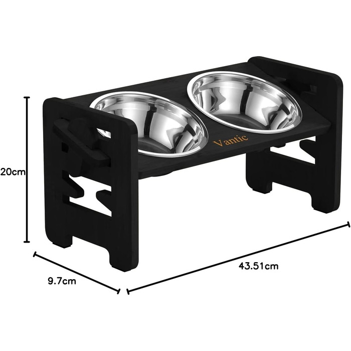 Підвищений годівниця для собак Vantic з підставкою, регульована висота, миска для маленьких собак та котів, міцна годівниця з бамбука з 2 нержавіюними мисками та протиковзкими ніжками (чорний)