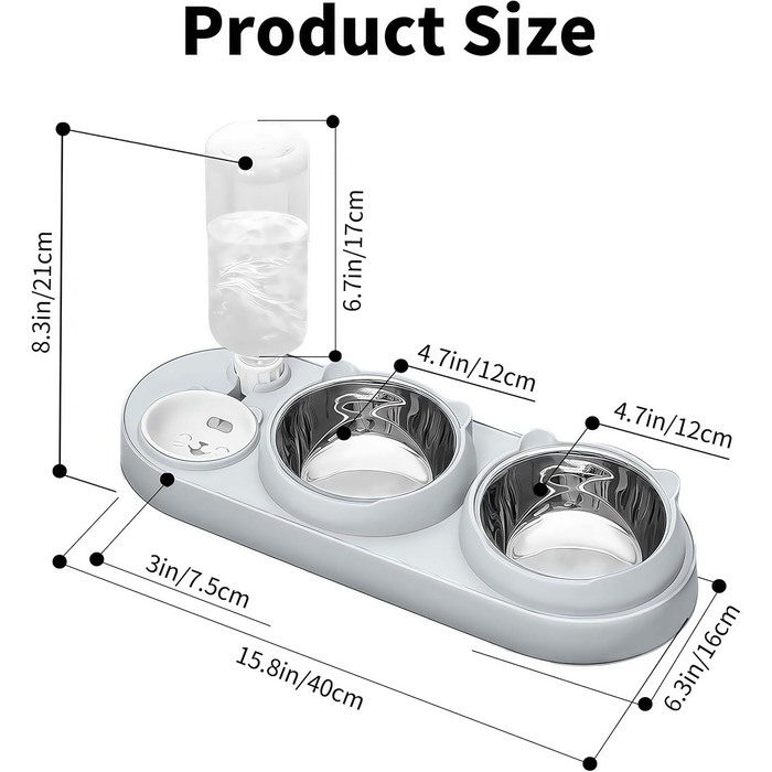 Набір мисок для котів Marchul 3 в 1: годівниця, поїлка з дозатором, миски з нержавіючої сталі, нахил 15°, для котів та собак маленьких та середніх порід (сірий)