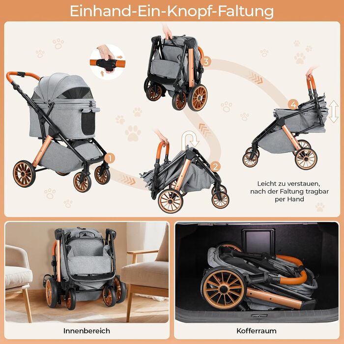 Візок для собак та котів MAMIZO One-Touch, до 25 кг, сірий. Алюмінієвий каркас, регульована ручка, тримач для напоїв, поворотні колеса