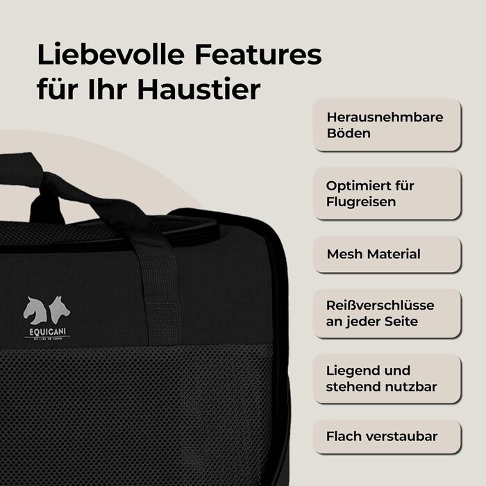 Сумка-переноска для собак та котів Equicani® 55x40x23 см, чорна | Зручна для подорожей, літака, авто