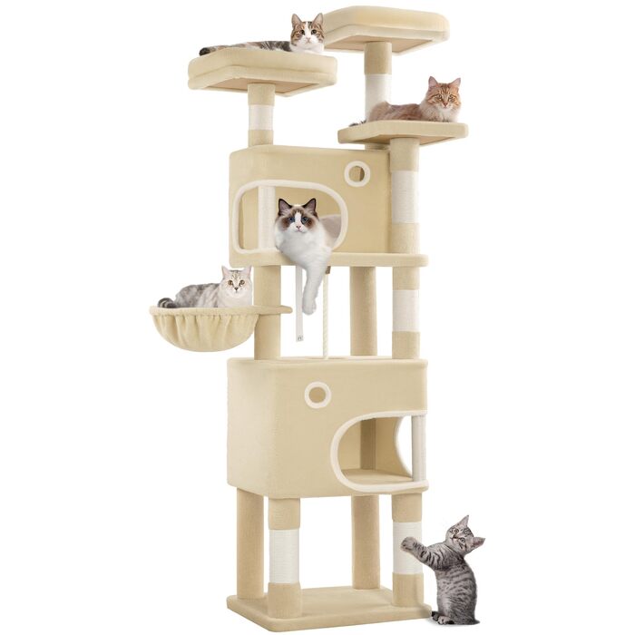 Драбина-кіготь для котів Hzuaneri MS15918YL, 159 см, бежева, з 8 стовпчиків, 3 платформ та 2 хованок