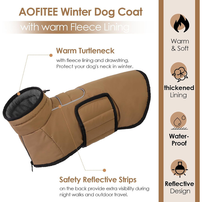 Теплий зимовий одяг для собак великих порід AOFITEE: водонепроникна куртка з флісу з коміром-хомутом, для Коргі, Бордер Коллі (L, Коричневий)