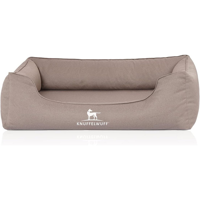 Ортопедичне водонепроникне ліжко для собак Knuffelwuff Leon з велюру, ручної роботи, розмір M-L, 85 x 63 см, бежево-сірий колір. Знімний чохол, можна прати. Підходить для великих, середніх та маленьких собак.