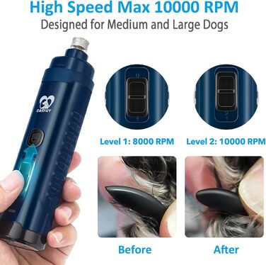 Електричний точилка для собак Casfuy з LED-підсвіткою, 4.8V, 2 швидкості, для середніх порід, тиха, акумуляторна, navy