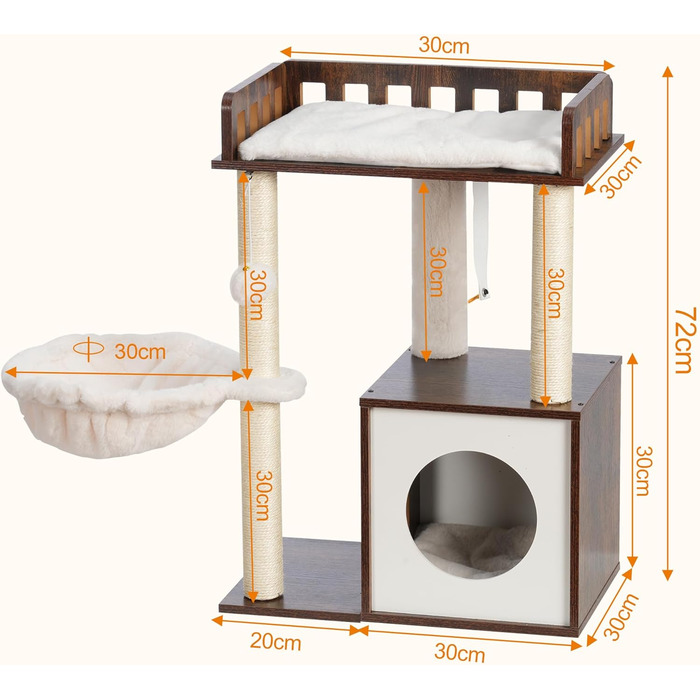 Дряпальня для котів Heybly з платформою 30x50 см, кігтеточкою з кошиком та 2-ма сизалевими стовпчиками, стабільна, для котів середніх та маленьких порід, колір: vintage brown (HCT007SSR)