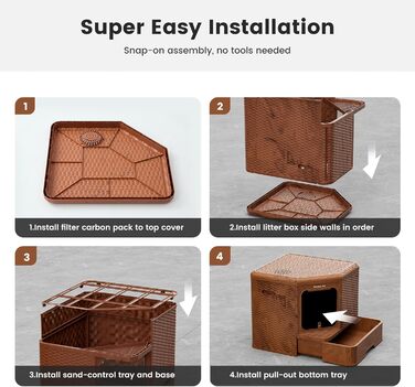 Торгова лоток для котів Gardner Pet з кришкою, великий, з висувним піддоном, сучасний дизайн плетіння ротангу, з фільтром з активованого вугілля, 50 x 50 x 50 см, базова версія