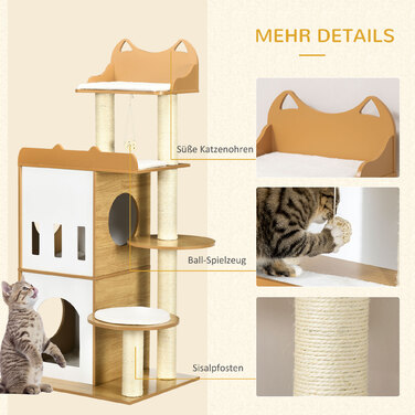 PawHut Cat Tree, 133 см, кігтеточка для кішок Cat Tree з 2 котячими печерами, зі стеблами для подряпин, подушками, м'яч, меблі для кішок, кімнатна, дуб+біла | Аосом