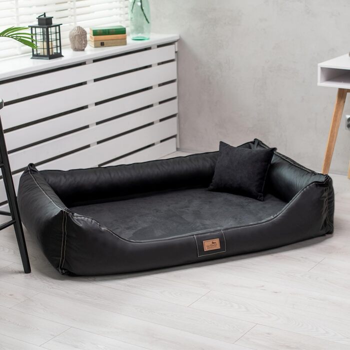 Ортопедичне ліжко для собак Tierlando® Maddox VIP з м'яким покриттям з штучної шкіри, Viscomat-матрацом та антиковзною основою, 120x85 см, чорний колір