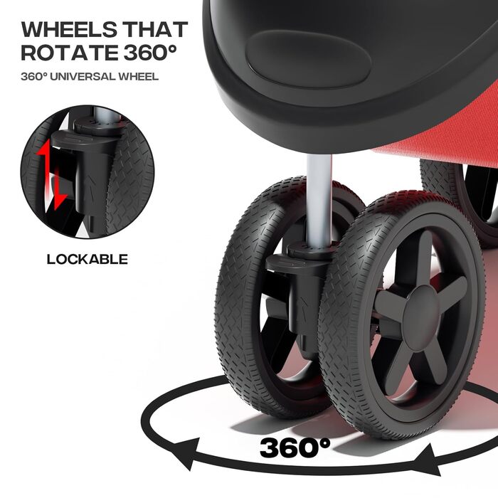 Візок для тварин: для собак та котів, 3 колеса, складний, з кошиком та тримачем для напоїв (червоний)