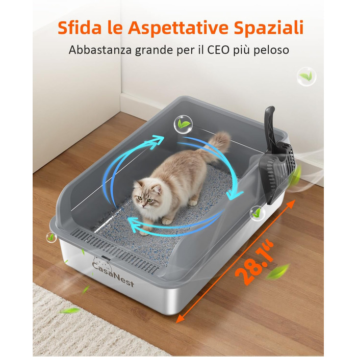 Сміттєве відро CasaNest для котів з нержавіючої сталі, XXXL, велике, антивитік, антиприлипання, темно-сірий