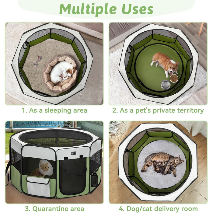 PETSFIT Розкладний вольєр для цуценят та дрібних тварин, вольєр для собак та котів, з водонепроникним дном, Pop-up система, захист від гризучих, 92 x 84 x 53 см (Сірий/Зелений)