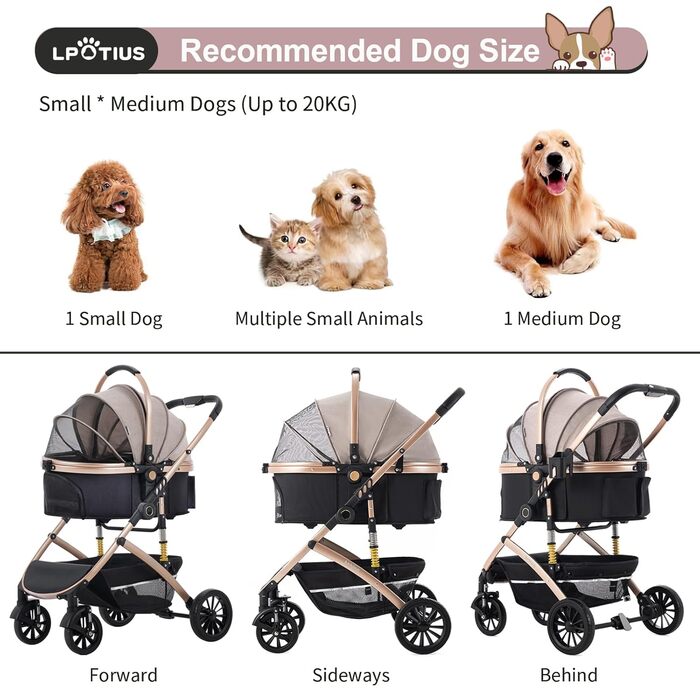 3 в 1 Візок для собак з знімним сидінням, будіжок, переноска, складаний, для домашніх тварин, візок для дітей до 25 кг, Рожевий, Шампань