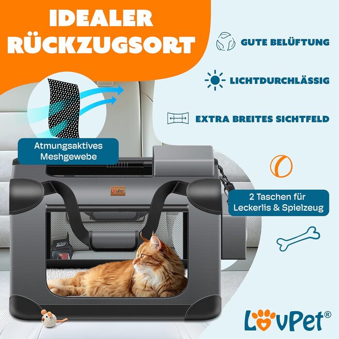 LOVPET® Транспортна переноска для собак та котів, 60x42x44 см | Складана переноска для тварин з мискою та плечовим ременем | для котів та собак, антрацит
