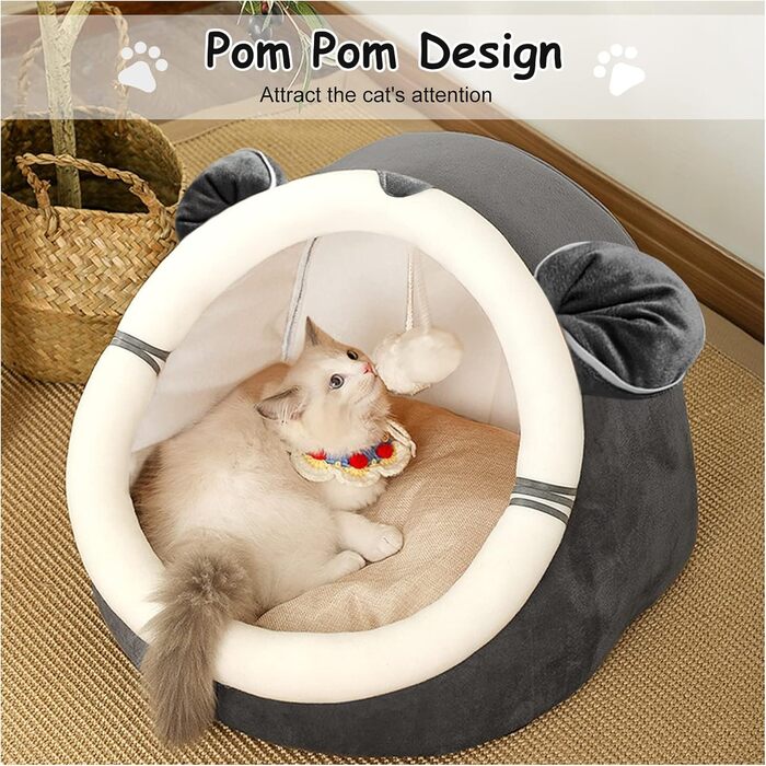 Кігтеточка-будиночок для котів Andiker, 40x40x33 см, плюшеве ліжко, напівзакритий гніздо, миється, знімається, з іграшкою-клубочком (сірий, миша)