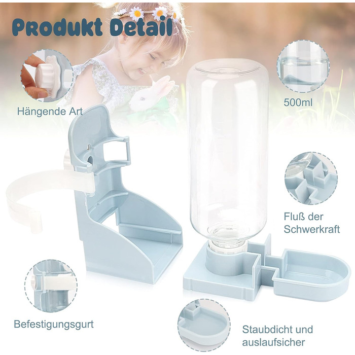 Автоматичний диспенсер для води HYLYUN для тварин, 500 мл, підвісний, для морських свинок, шиншил, їжаків, горностаїв (блакитний)