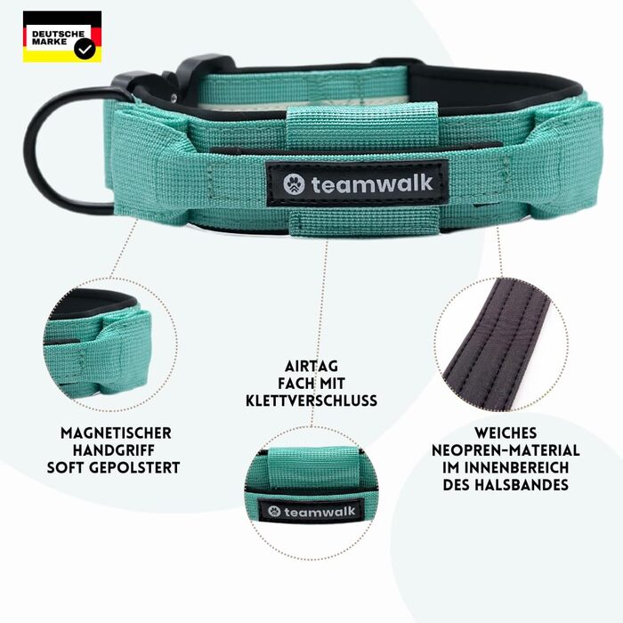teamwalk® Преміум нашийник для собак з магнітною ручкою, світловідбиваючими смужками, кишенею для AirTag, регульований, м'яка підкладка, міцна застібка, легкий, розмір M