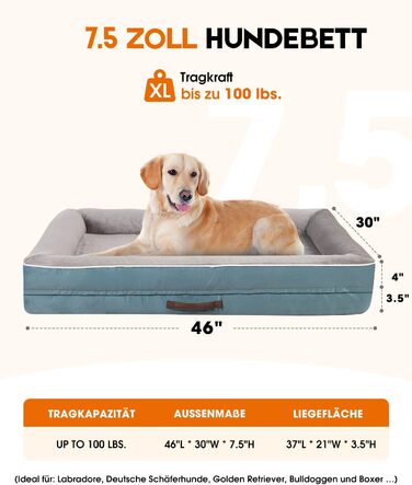 Ортопедичне ліжко для собак XL, корзина для собак, що можна прати, з яєцеподібною піною, водонепроникний диван для собак з неслизьким дном та чотиристоронньою подушкою (117x76x19 см, блакитний)