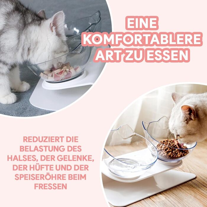 Миска для котів Katzenliebe PurrBowl з піднятою платформою та кутом нахилу 15° - запобігає блювоті. Прозора біла миска-подвійний набір з підставкою.