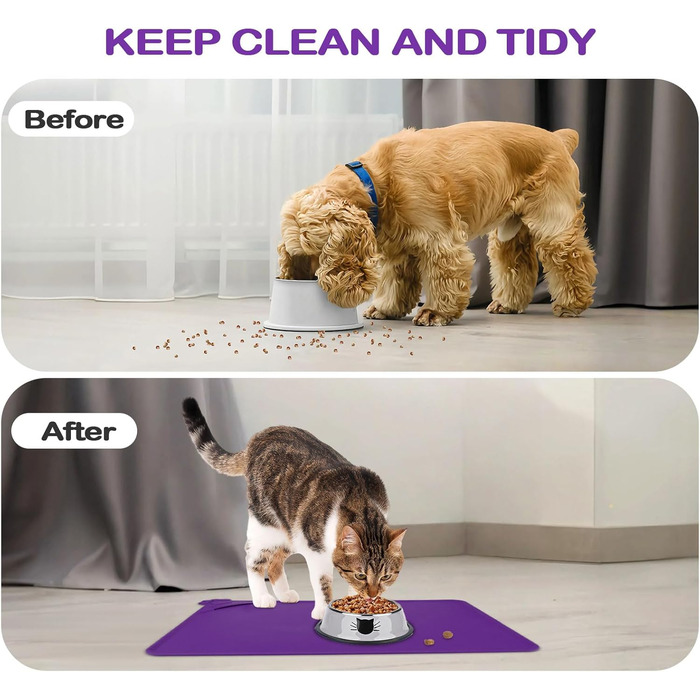 Водонепроникний килимок для годування домашніх тварин з високими бортиками, 55 x 38 см, силіконовий, нековзний, для собак, котів, запобігає розливу води (фіолетовий, 30x48 см)