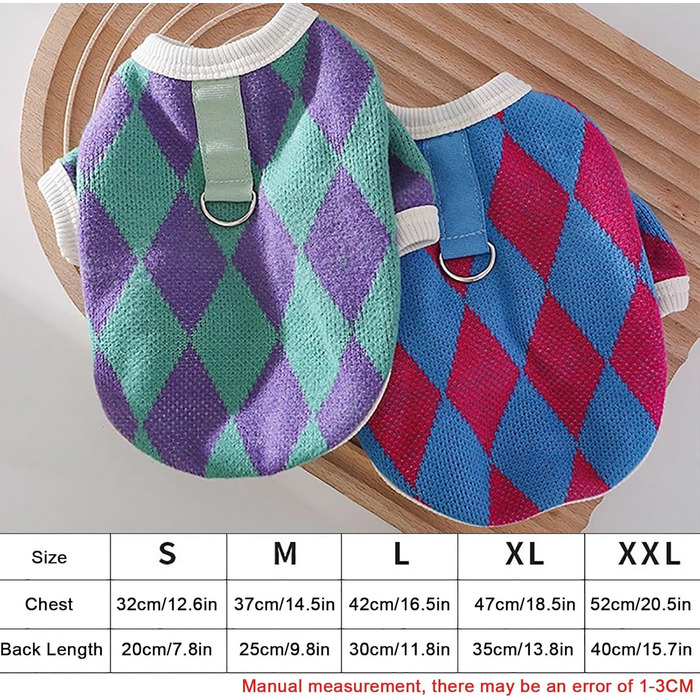 Пуловери для собак - 2 шт. (Такса), святкові в клітинку, з кільцем для повідка, для цуценят та середніх собак (Large)