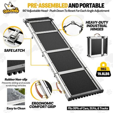 Рампа для собак у автомобіль (150 кг), розкладна, L 180 см, B 43 см, кут нахилу 90°, для великих собак, SUV, вантажівки