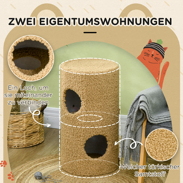 PawHut Scratching Barrel Bear Design 2 яруси 2 печери з поверхнею для дряпання з сизалю Φ35 x 66 см Світло-коричневий для котячих меблів та розваг
