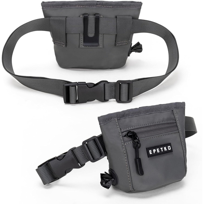 Сумка для ласощів для собак з металевим кліпом для ременя, міцна застібка-магніт, велика місткість, диспенсер для пакетів для екскрементів (темно-сірий)