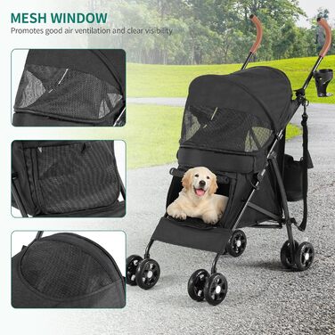 Візок для собак та котів YITAHOME Bis 11,3kg, чорний: складаний, з EVA-колесами, кошиком, сіткою, тримачем для напоїв