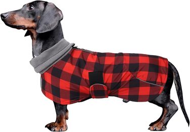 MOREZI Водонепроникна зимова куртка для собак, флісова підкладка, регульований пояс, світловідбиваючі елементи, для такс та схожих порід, розмір XS (довжина спини 29-32 см), в клітинку червоного кольору