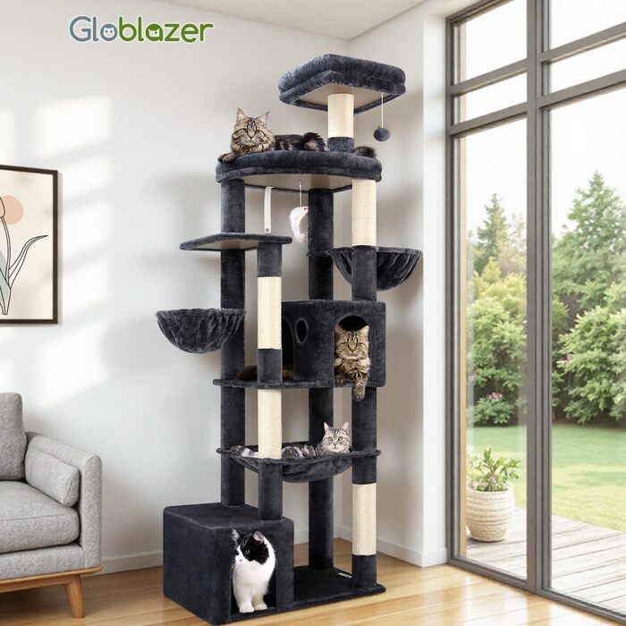 Драбина для котів Globlazer 193 см з будиночком, гамаком, великою платформою та іграшками. Стабільна для 3-5 котів (XXL, темно-сірий)