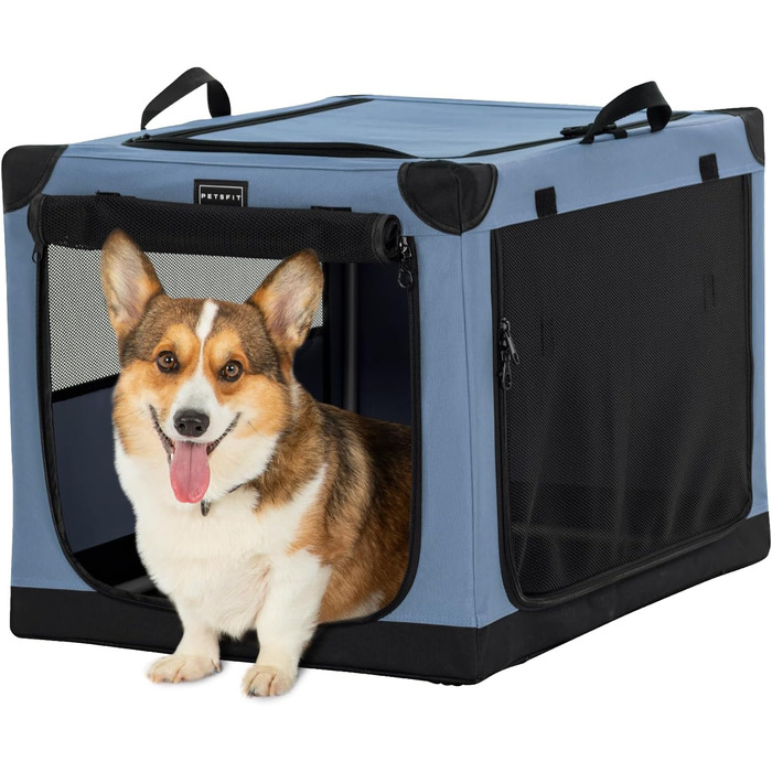 Складаний тканинний бокс для собак Petsfit M, синій – переноска для авто та дому з 3 дверцятами, для середніх порід, легка у транспортуванні
