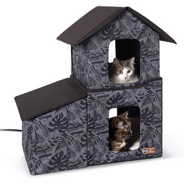 Двоповерховий вуличний котячий будиночок K&H PET PRODUCTS з їдальнею та обігрівом, сірий, 55,9x68,9x68,9 см
