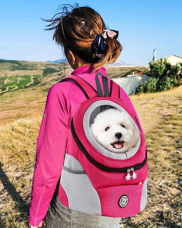 PETCUTE Рюкзак-переноска для собак і котів, регульований, для маленьких тварин, з підкладкою, водонепроникний, дихаючий, з передньою кишенею та страхувальним гачком, для походів, колір Рожево-червоний