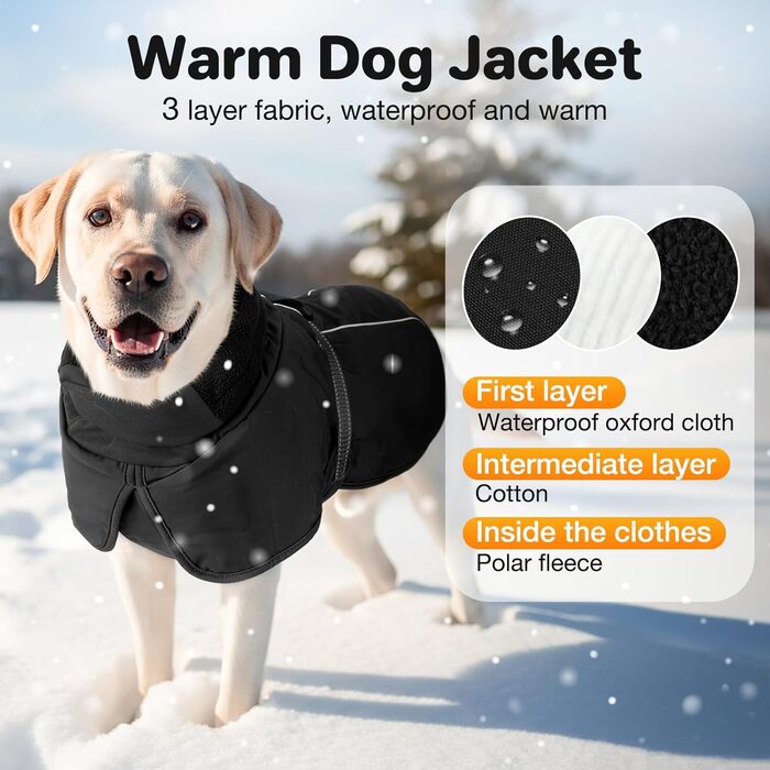 Водонепроникний зимовий теплий одяг для собак - тепла куртка з флісовою підкладкою та високим коміром, чорна, для середніх та великих порід