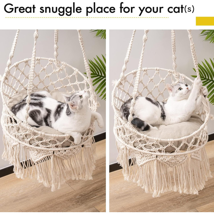 Килимок-гамак для котів MeWoofun ручної роботи з макраме - бохо-шезлонг для котів в інтер'єрі, декоральне підвісне ліжко для сну, ігор та відпочинку - гніздо-шезлонг для домашніх тварин
