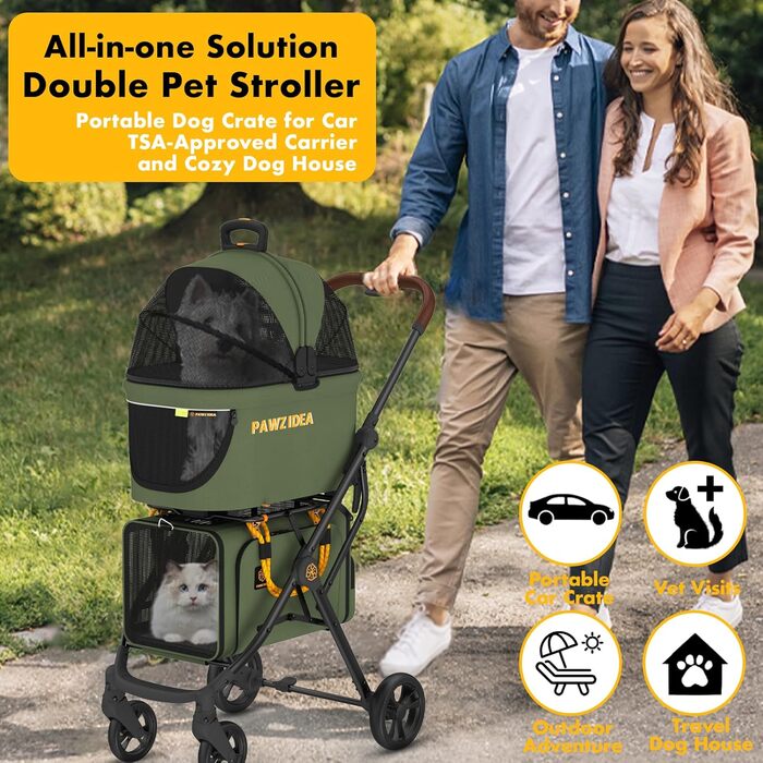 Дитяча коляска для тварин PAWZIDEA з двома знімними підносами, переносна клітка для собак та котів, розширювана сумка-переноска, складна легка коляска для 2-4 тварин