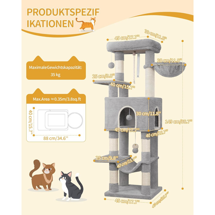 Когтедрашка для котів Hzuaneri, 149 см, з 5 когтеточками, платформами, будиночком, помпонами, сірого кольору MS14918LG