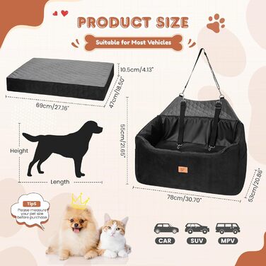 Автомобільний лежак для собак середніх та великих порід 78x55x53 см, знімний, миючий, з поводом, водонепроникний чохол, для великих собак