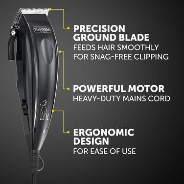 Машинка для стрижки тварин Wahl Performer Pet Clipper: повний набір для догляду за шерстю, леза з вуглецевої сталі, 4 насадки (3, 6, 9, 13 мм), чорний колір