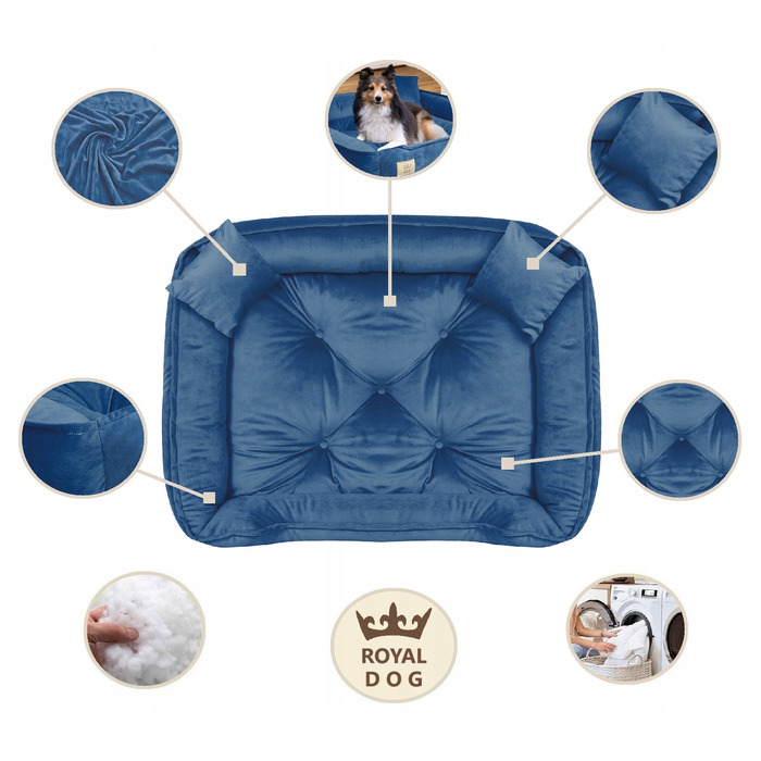 Велюрова лежанка для собак Royal Dog, прямокутна, синя, розмір L